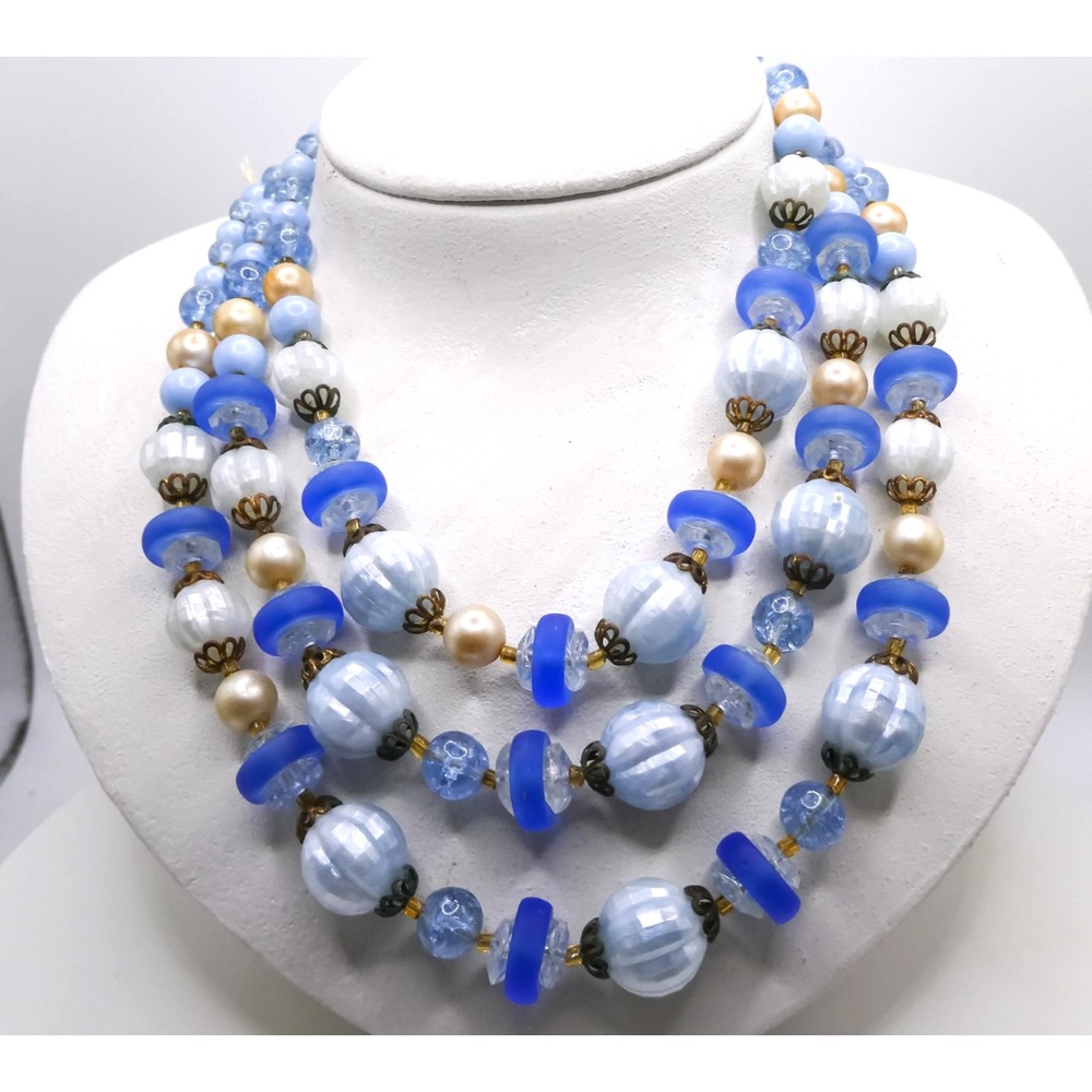West Germany Blue Glass & Acrylic Beaded Triple Strand 17" Necklace Vintage